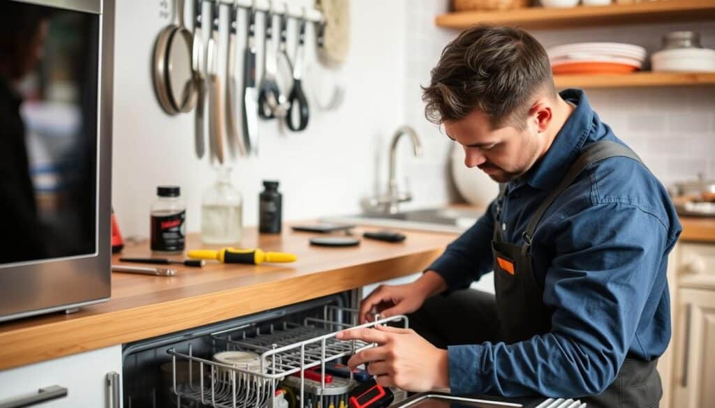 A detailed pricing guide for dishwasher repairs, showcased on a wooden table in a well-lit, modern workshop setting. The guide features a clean, minimalist design with clear pricing breakdowns for various repair services, from basic maintenance to complex component replacements. The table is complemented by stainless steel tools and a dishwasher unit in the background, creating a cohesive, professional atmosphere. The image is captured at a slightly elevated angle, emphasizing the informative nature of the guide while maintaining a sense of approachability and practicality. A detailed pricing guide for dishwasher repairs, showcased on a wooden table in a well-lit, modern workshop setting. The guide features a clean, minimalist design with clear pricing breakdowns for various repair services, from basic maintenance to complex component replacements. The table is complemented by stainless steel tools and a dishwasher unit in the background, creating a cohesive, professional atmosphere. The image is captured at a slightly elevated angle, emphasizing the informative nature of the guide while maintaining a sense of approachability and practicality.