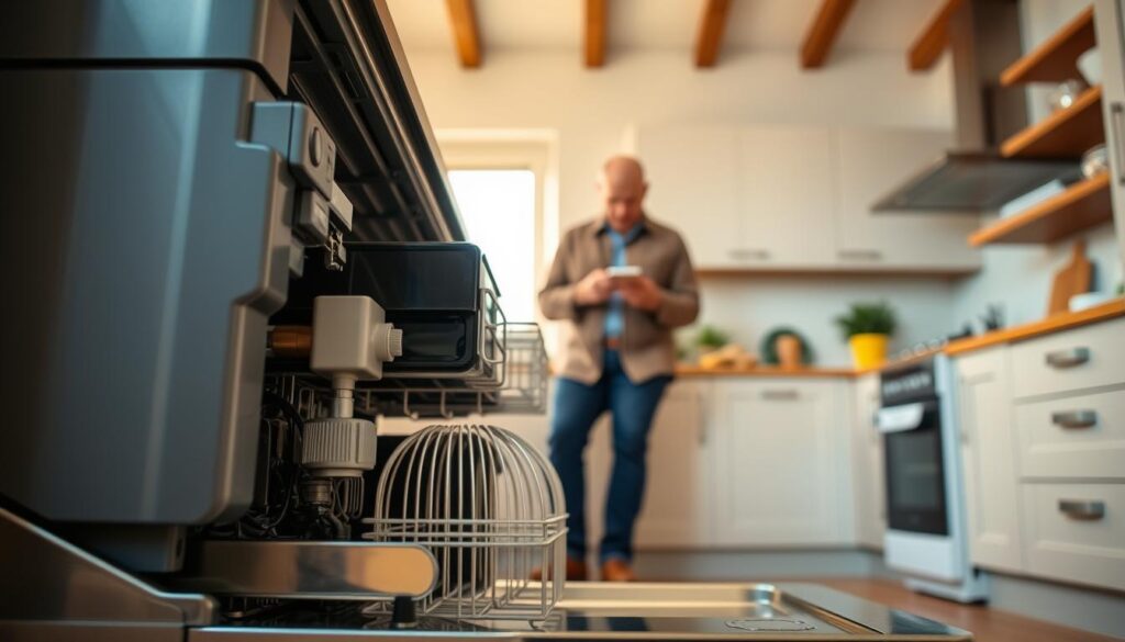 A detailed, well-lit interior view of a modern kitchen, with a dishwasher occupying the foreground. The dishwasher's components are prominently displayed, highlighting the various parts that may require repair, such as the control panel, water inlet valve, and drainage pump. In the middle ground, a homeowner examines the dishwasher, studying the potential repair costs. The background showcases the kitchen's layout, with cabinets, countertops, and appliances visible, providing context for the dishwasher's placement. The lighting is warm and natural, creating a welcoming atmosphere that underscores the importance of understanding dishwasher repair costs in South Africa. A detailed, well-lit interior view of a modern kitchen, with a dishwasher occupying the foreground. The dishwasher's components are prominently displayed, highlighting the various parts that may require repair, such as the control panel, water inlet valve, and drainage pump. In the middle ground, a homeowner examines the dishwasher, studying the potential repair costs. The background showcases the kitchen's layout, with cabinets, countertops, and appliances visible, providing context for the dishwasher's placement. The lighting is warm and natural, creating a welcoming atmosphere that underscores the importance of understanding dishwasher repair costs in South Africa.