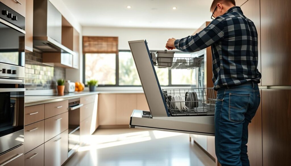 A modern kitchen interior with a built-in dishwasher being installed by a professional technician. The foreground features the dishwasher being slid into the cabinetry, with the technician's hands and tools visible. The middle ground shows the surrounding kitchen details like countertops, backsplash, and other appliances. The background depicts a bright, airy space with natural lighting streaming in through large windows, conveying a sense of cleanliness and efficiency. The overall mood is one of a seamless, high-quality dishwasher installation process in an upscale Johannesburg kitchen. A modern kitchen interior with a built-in dishwasher being installed by a professional technician. The foreground features the dishwasher being slid into the cabinetry, with the technician's hands and tools visible. The middle ground shows the surrounding kitchen details like countertops, backsplash, and other appliances. The background depicts a bright, airy space with natural lighting streaming in through large windows, conveying a sense of cleanliness and efficiency. The overall mood is one of a seamless, high-quality dishwasher installation process in an upscale Johannesburg kitchen.