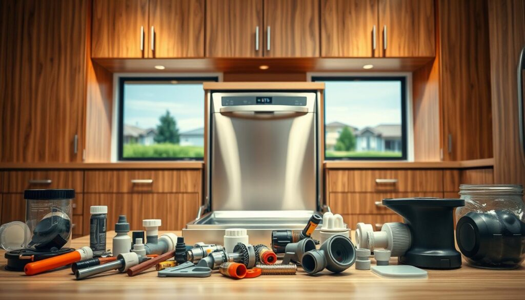 A well-lit, modern kitchen interior with a dishwasher set into the cabinetry. In the foreground, various household items are arranged to suggest the installation process - tools, plumbing fittings, and appliance parts. The middle ground showcases the dishwasher itself, its sleek stainless steel frame and control panel visible. In the background, a window overlooks a scenic suburban landscape, hinting at the diverse settings where this installation may take place. The lighting is warm and inviting, creating a sense of attention to detail and professionalism around the dishwasher installation process. A well-lit, modern kitchen interior with a dishwasher set into the cabinetry. In the foreground, various household items are arranged to suggest the installation process - tools, plumbing fittings, and appliance parts. The middle ground showcases the dishwasher itself, its sleek stainless steel frame and control panel visible. In the background, a window overlooks a scenic suburban landscape, hinting at the diverse settings where this installation may take place. The lighting is warm and inviting, creating a sense of attention to detail and professionalism around the dishwasher installation process.