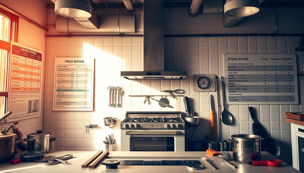 A well-lit, spacious kitchen interior with a focus on a stove repair service center in Pretoria. The stove takes center stage, surrounded by various tools and parts. On the walls, informative price charts and comparison tables are displayed, providing a visual reference for the regional pricing variations across major South African cities. The lighting is warm and inviting, creating a professional yet approachable atmosphere. The overall composition emphasizes the attention to detail and expertise required for effective stove repair services. A well-lit, spacious kitchen interior with a focus on a stove repair service center in Pretoria. The stove takes center stage, surrounded by various tools and parts. On the walls, informative price charts and comparison tables are displayed, providing a visual reference for the regional pricing variations across major South African cities. The lighting is warm and inviting, creating a professional yet approachable atmosphere. The overall composition emphasizes the attention to detail and expertise required for effective stove repair services.